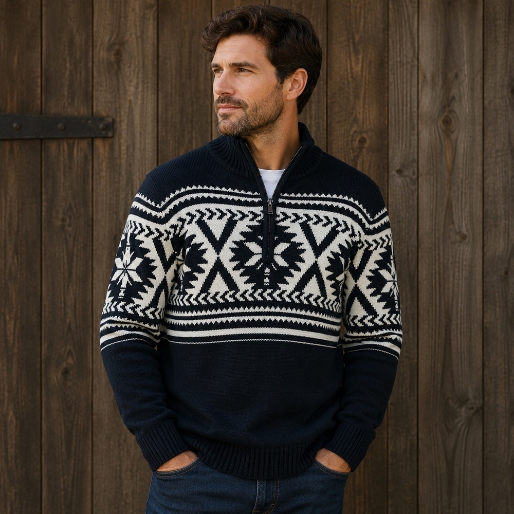 Urban Pipeline Mens Large Navy Blue White‎ Geometric Quarter Zip Sweater Knit
